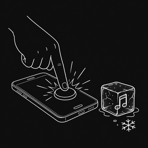 A finger smashing a big button, freezing a music note in an ice cube