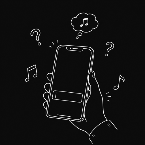 A phone with a text field surrounded by music notes and question marks
